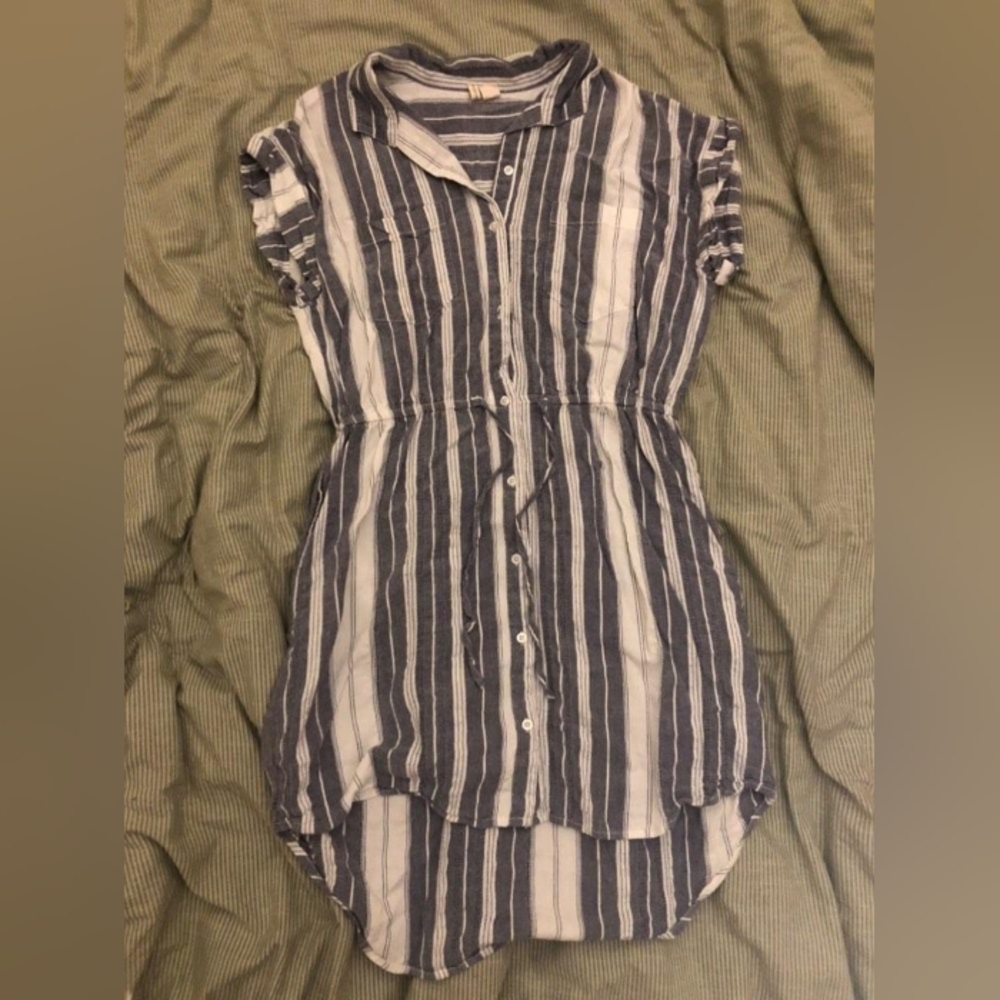 Blue gray & white striped dress, women's L